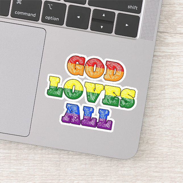 Adesivo "God Loves All" Gay/LGBTQIA+/Queer Christian Pride (Detalhe)
