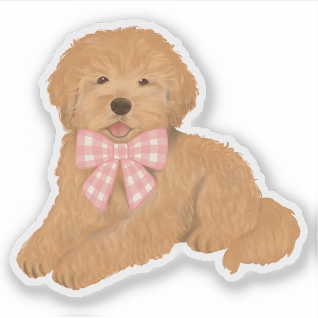 Adesivo Golden Doodle with Pink Gingham Bow Party Favor (Frente)
