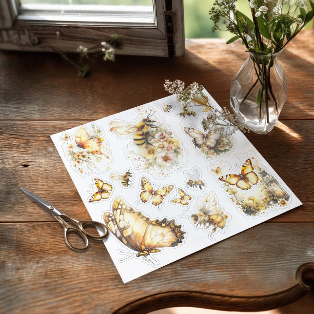 Adesivo Golden Honey Fairy World – 3c Bees and Butterflies (Sticker with butterfiles and bees on the table ready to be used)
