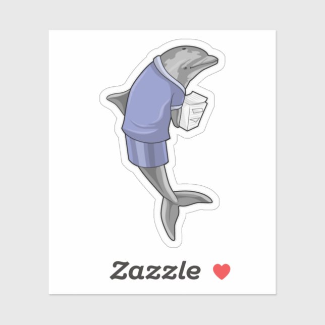 Adesivo Golfinho como Secretário com Pilha de Papel (Folha)