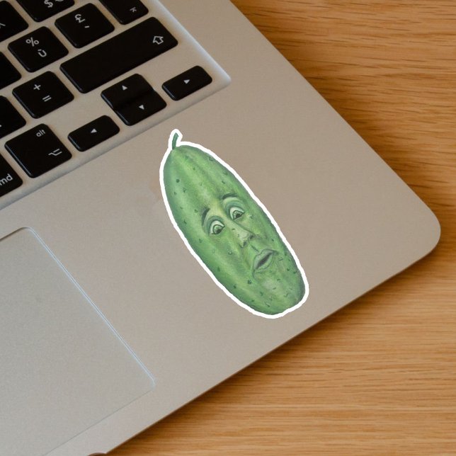 Adesivo Grande Picareta Verde Engraçado com Rosto Surpreso (Funny big green pickle with stem and surprised looking face on vinyl sticker.)