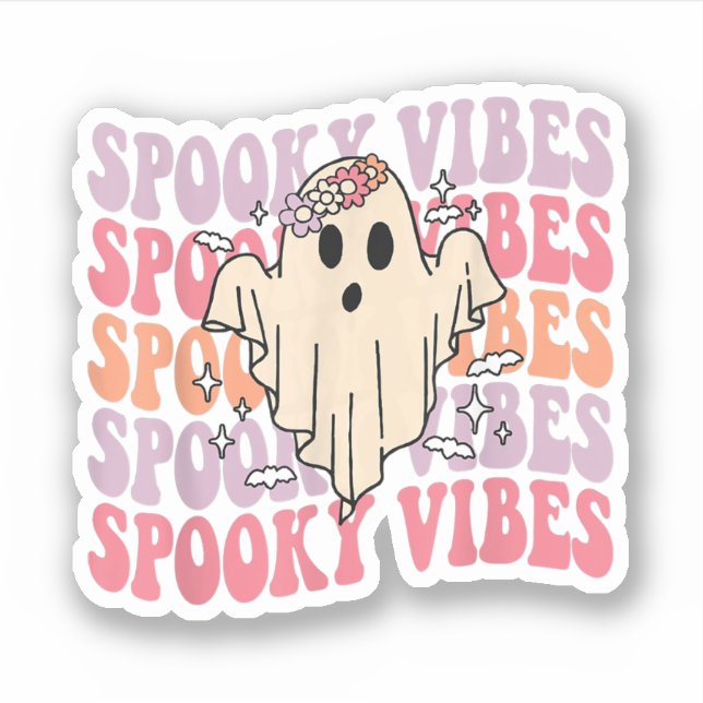 Adesivo Groovy Halloween Spooky Vibes Retro Fantasma Flora (Frente)