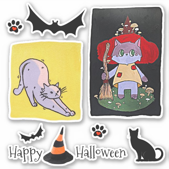 Adesivo Grupo de Halloween de Gatos de Cartoon Bonitos (Frente)