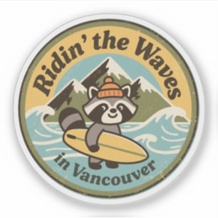 Adesivo Guaxinim Surfista Retro de Vancouver