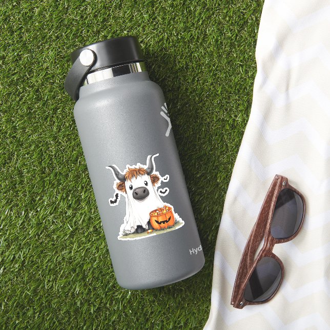 Adesivo Halloween Ghost Highland Cow PNG (HydroFlask Insitu)