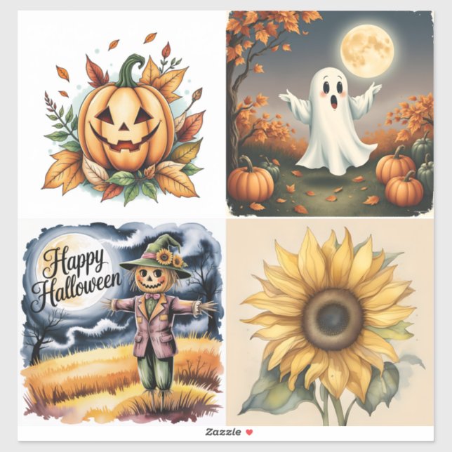 Adesivo Halloween, Ghost, Jack-O-Lantern, Scarecrow,  (Folha)