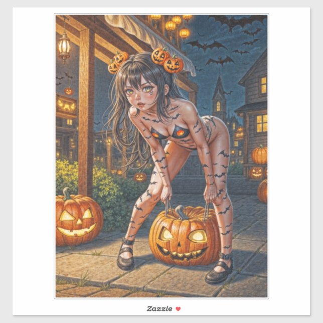 Adesivo Halloween Monster Jack-o-Lanterna e Bat Vixen Girl (Folha)