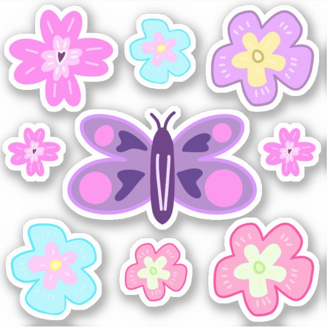 Adesivo Hand Drawing Colourful Cartoon Flowers & Butterfly (Frente)