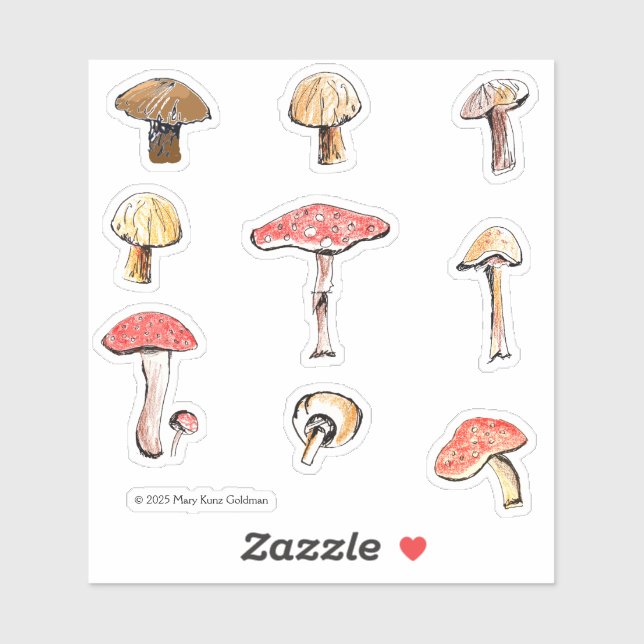 Adesivo Hand-Illustrated Mushrooms Whimsical Woodland (Folha)