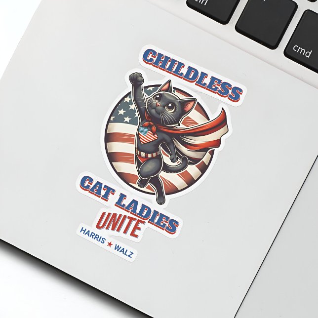 Adesivo Harris Walz Gato Sem Filhos Mulheres Unem Gato Her (Harris Walz Childless Cat Ladies Unite Hero Cat Sticker on a Laptop)