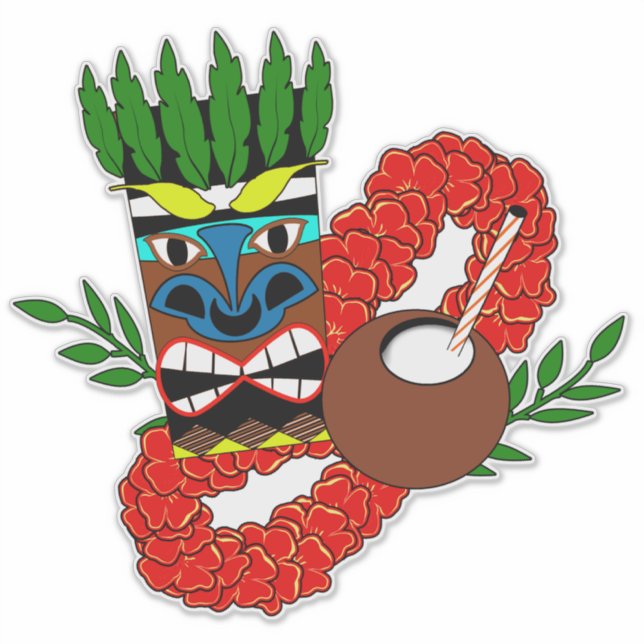 Adesivo Havaiano Luau Tiki Lei Coconut Totem (Frente)