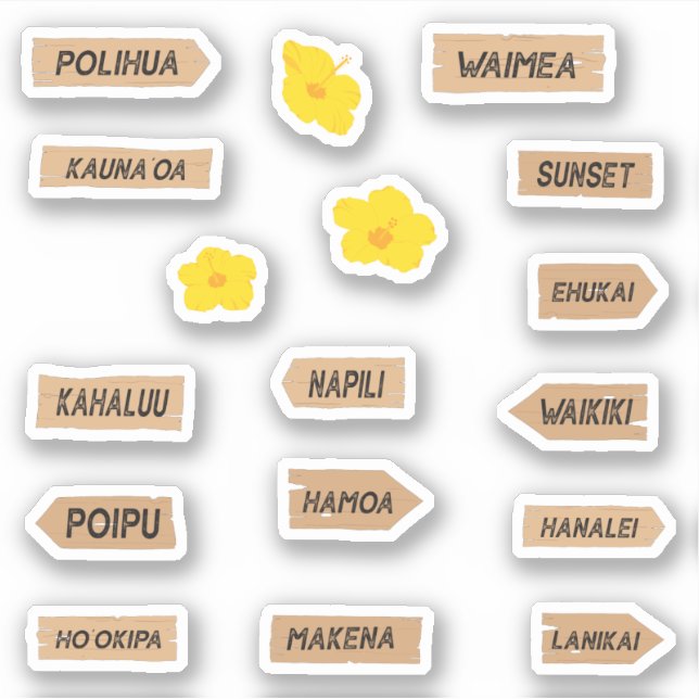 Adesivo Hawaii Beach Names and Hibiscus Flowers (Frente)