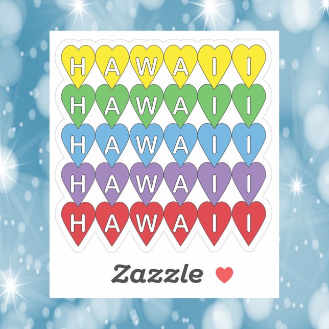 Adesivo Hawaii Rainbow Hearts (A die cut sticker that says Hawaii in yellow, green, blue, purple, and red hearts.)