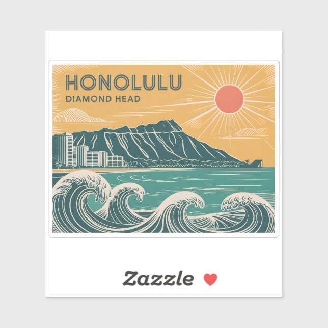 Adesivo Honolulu Diamond Head Oahu Waikiki Retro Minimale (Folha)