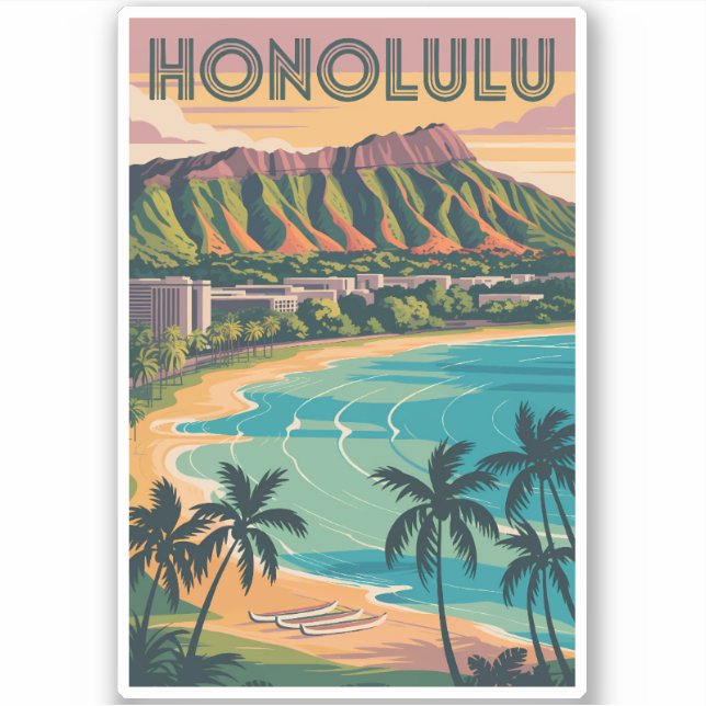Adesivo Honolulu Hawaii Ilustração Viagem Art Vintage (Frente)