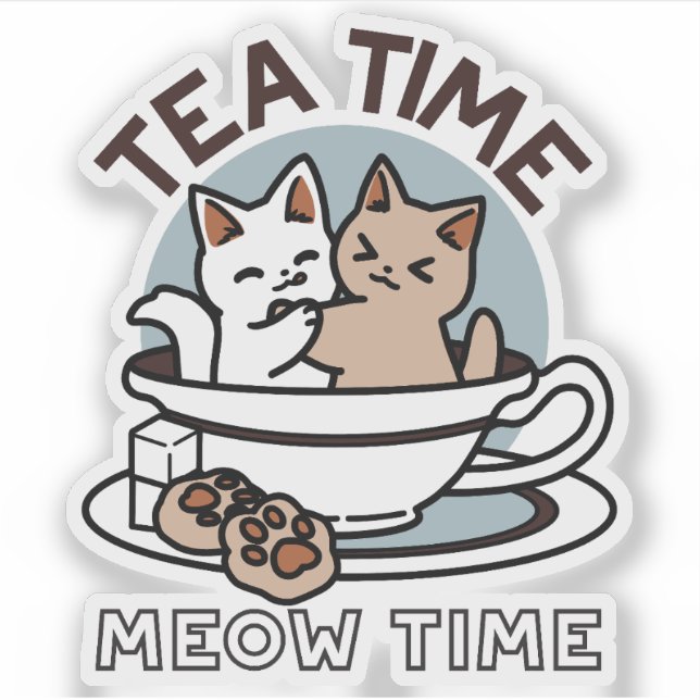 Adesivo Hora do Tea Meow - Design de Gato e Chá (Frente)