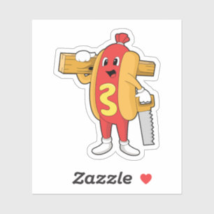 Adesivo Hotdog como carpinteiro com serra e madeira