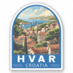 Adesivo Hvar Croácia Viagem Art Vintage<br><div class="desc">Design de viagem do vetor retrô Hvar. Hvar,  uma ilha croata no Mar Adriático,  é mais conhecida como um resort de verão. Entre os destaques da cidade portuária de Hvar estão os muros do século 13.</div>