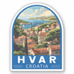 Adesivo Hvar Croácia Viagem Art Vintage<br><div class="desc">Design de viagem do vetor retrô Hvar. Hvar,  uma ilha croata no Mar Adriático,  é mais conhecida como um resort de verão. Entre os destaques da cidade portuária de Hvar estão os muros do século 13.</div>