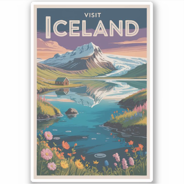 Adesivo Iceland Painterly Illustration Travel Art Vintage (Frente)