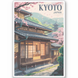 Adesivo Ilustração da Casa de Kyoto Japão Viagem Arte Vint