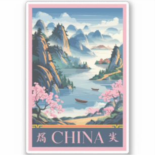Adesivo Ilustração da China Rosa Arte de Viagem Vintage