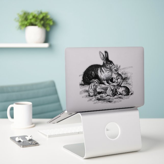 Adesivo Ilustração da Família Vintage Rabbit, Bunnies Bebê (Laptop na mesa)