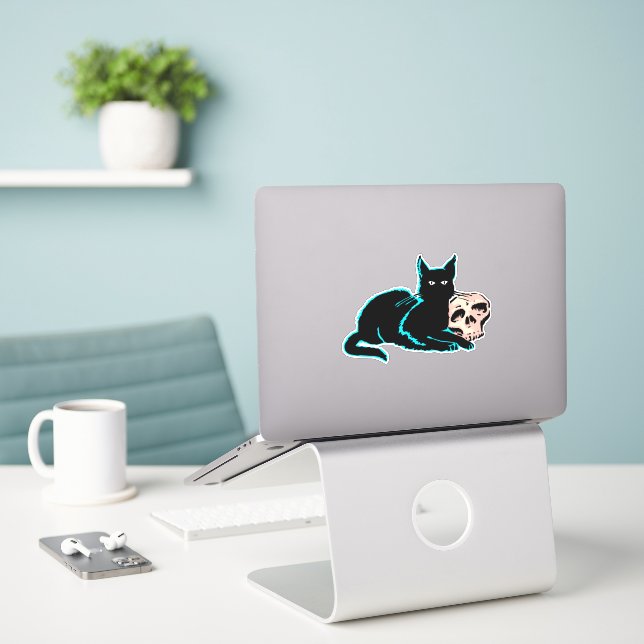 Adesivo Ilustração de Dia das Bruxas de Gato e Crânio (Laptop na mesa)
