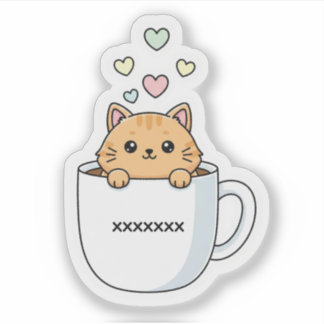 Adesivo Ilustração de Gato Kawaii e Corações de Café
