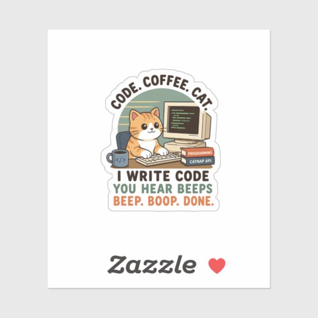 Adesivo Ilustração de Humor de Programador Gato Café Códig (Folha)