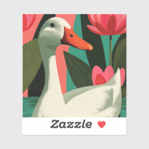 Adesivo Ilustração de Pato Branco em Lago de Lótus Rosa