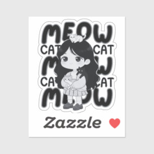 Adesivo Ilustração Estética de Garota Chibi Amante de Gato