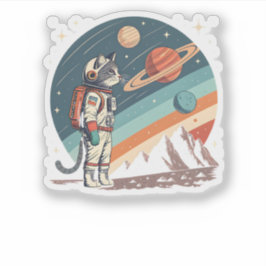 Adesivo Ilustração Retro de Gato Astronauta Espaço Cósmico
