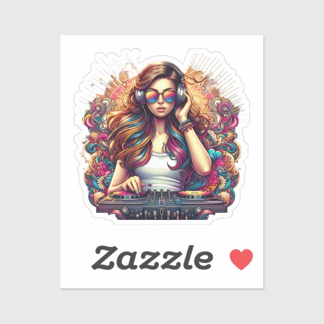 Adesivo Ilustração Vibrante De Rapariga Dj (Folha)