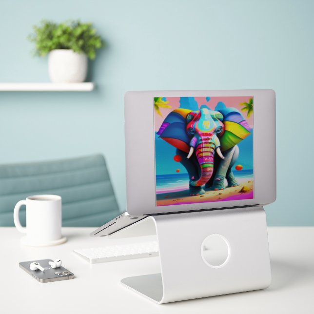 Adesivo Impressão de Elefante Arco-íris Divertida e Extrav (Laptop na mesa)
