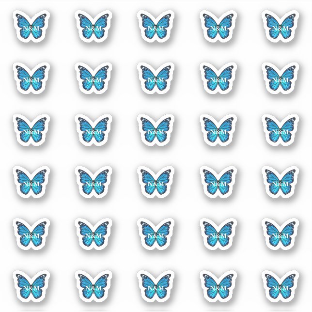 Adesivo Iniciais de Monograma da Borboleta Azul Elegante (Frente)