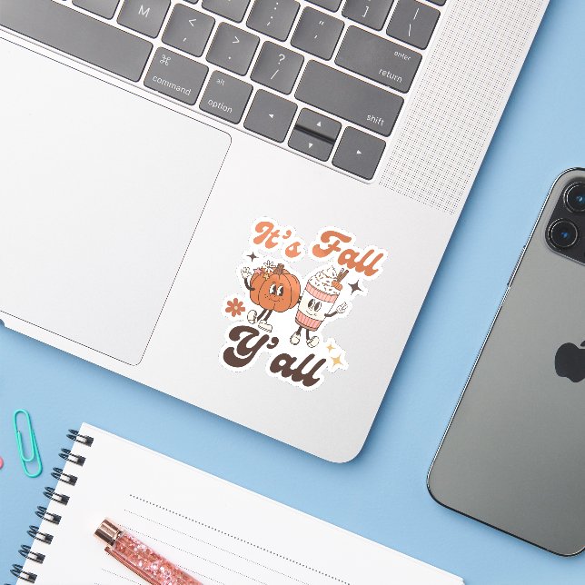 Adesivo It’s Fall Y’all – Cute Kawaii Pumpkin & PSL (Notebook com iPhone)
