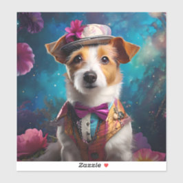 Adesivo Jack Russell, chapéu branco, flor rosa