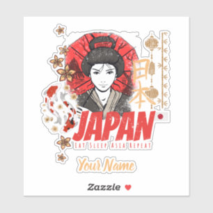 Adesivo Japão Vintage Geisha com Flag Koi e Lotus Souve