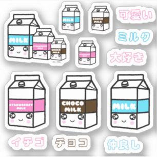 Adesivo Japonês Cawaii Milk Trio Kanji Dairy Girl