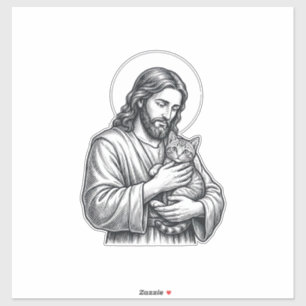 Adesivo Jesus Antigo Segurando Gato Gravura Gráfico_1