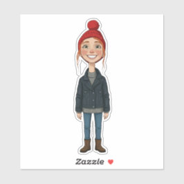 Adesivo Jeune Fille Rousse Souriante avec Bonnet Rouge et 