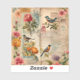 Adesivo Junk Journal Seite mit Blumen + Vögel -