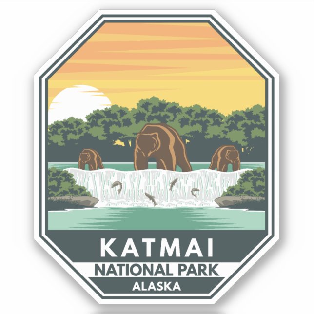 Adesivo Katmai National Park Grizzly Bears Retro Emblem (Frente)
