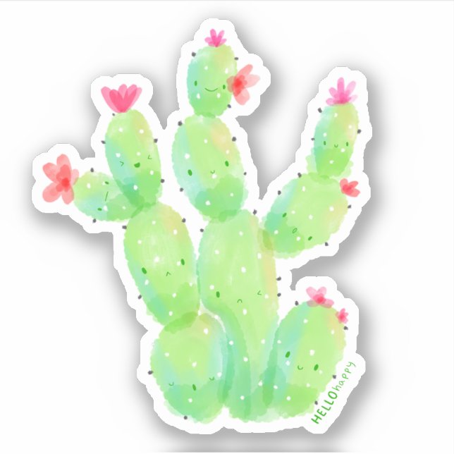 Adesivo kawaii aquarela picante cactus botânico (Frente)