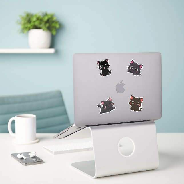 Adesivo Kawaii Black Cat Pack Cartoon Gelado Casas de Gato (Laptop na mesa)