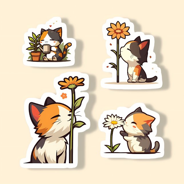 Adesivo Kawaii Calico Cats and Flowers Sticker Set (Criador carregado)
