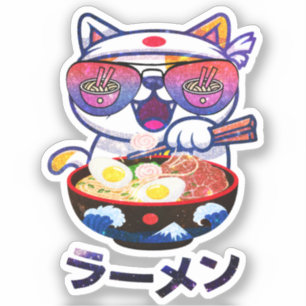 Adesivo Kawaii Cat Comendo Ramen Noodles