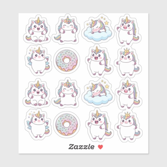 Adesivo Kawaii Chubby Unicorn & Rosquinha Sticker Sheet -  (Folha)