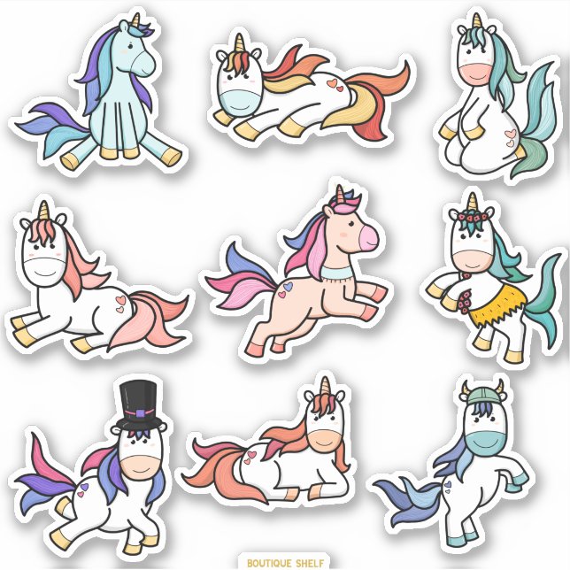 Adesivo Kawaii Cute Unicorn Pony Conjunto Colorido (Frente)